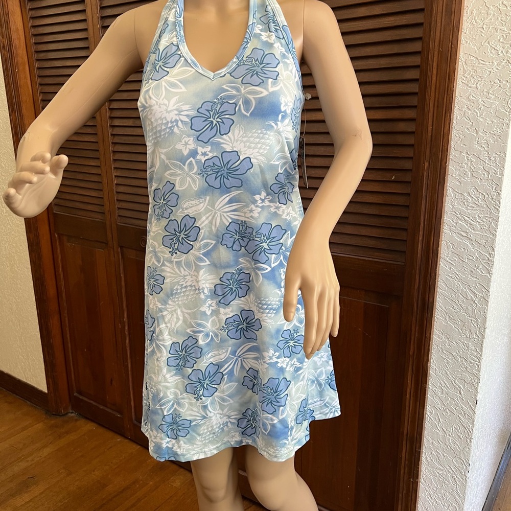 Ocean Drive Halter Top Stretchy Dress Large Blue Hawaiian Print  New - Picture 2 of 9